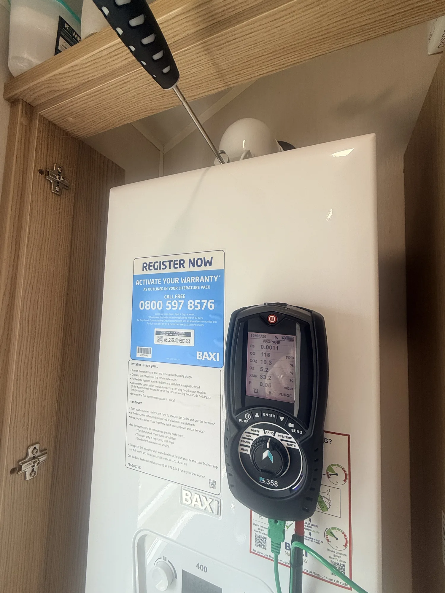 Combustion test on an LPG Baxi boiler using a Kane flue gas analyser